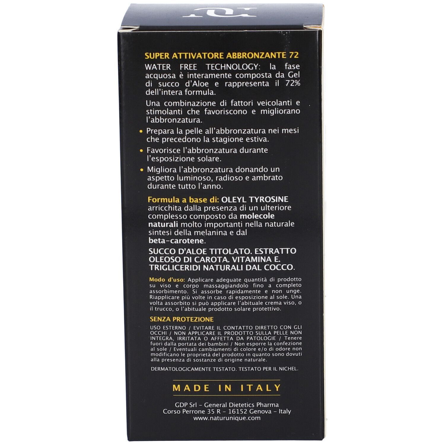 Retro di una scatola nera con informazioni sul prodotto e testo in italiano.