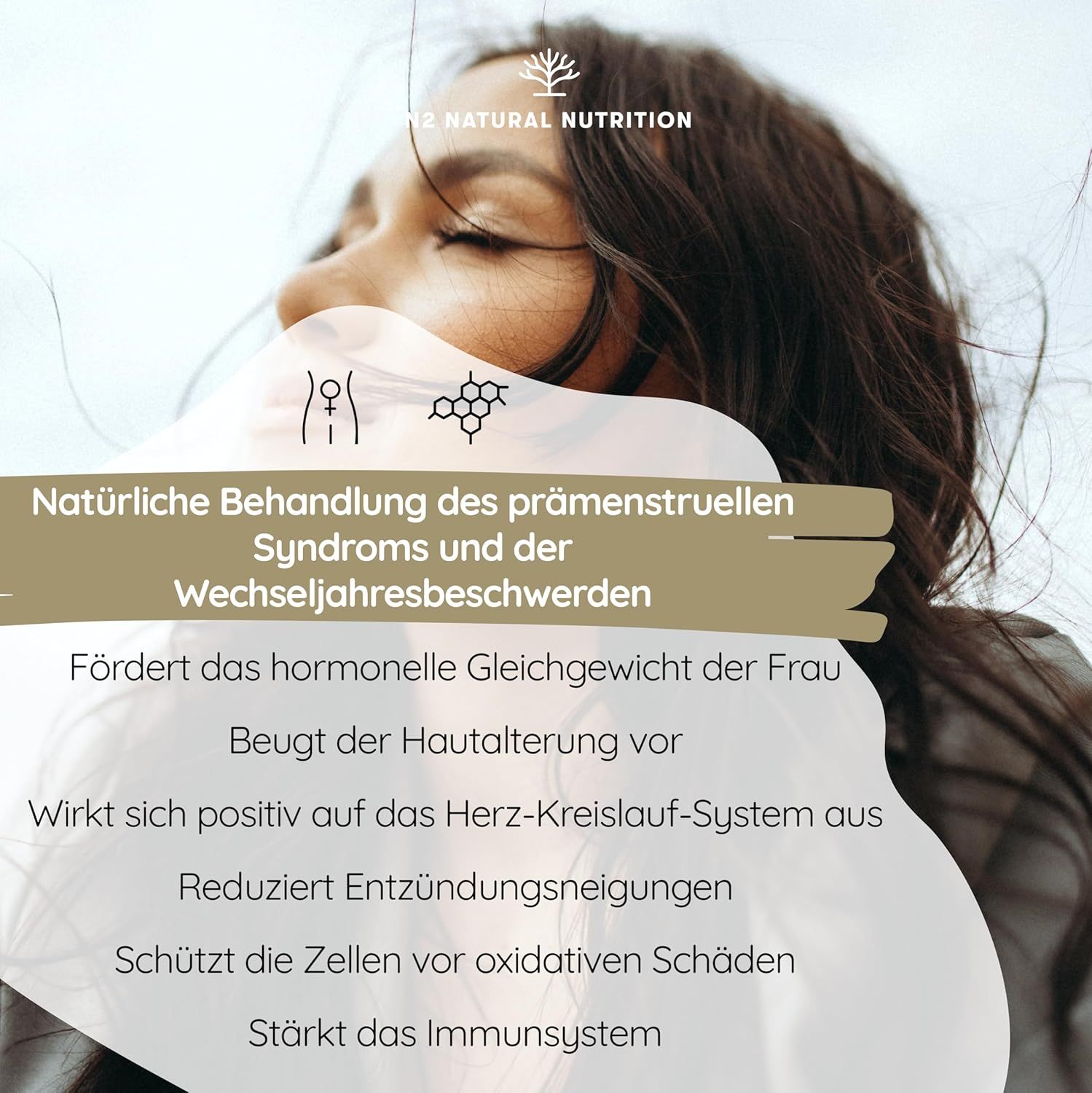 Donna con tessuto bianco. Testo: Trattamento naturale della sindrome premestruale e della menopausa. Favorisce l'equilibrio ormonale.