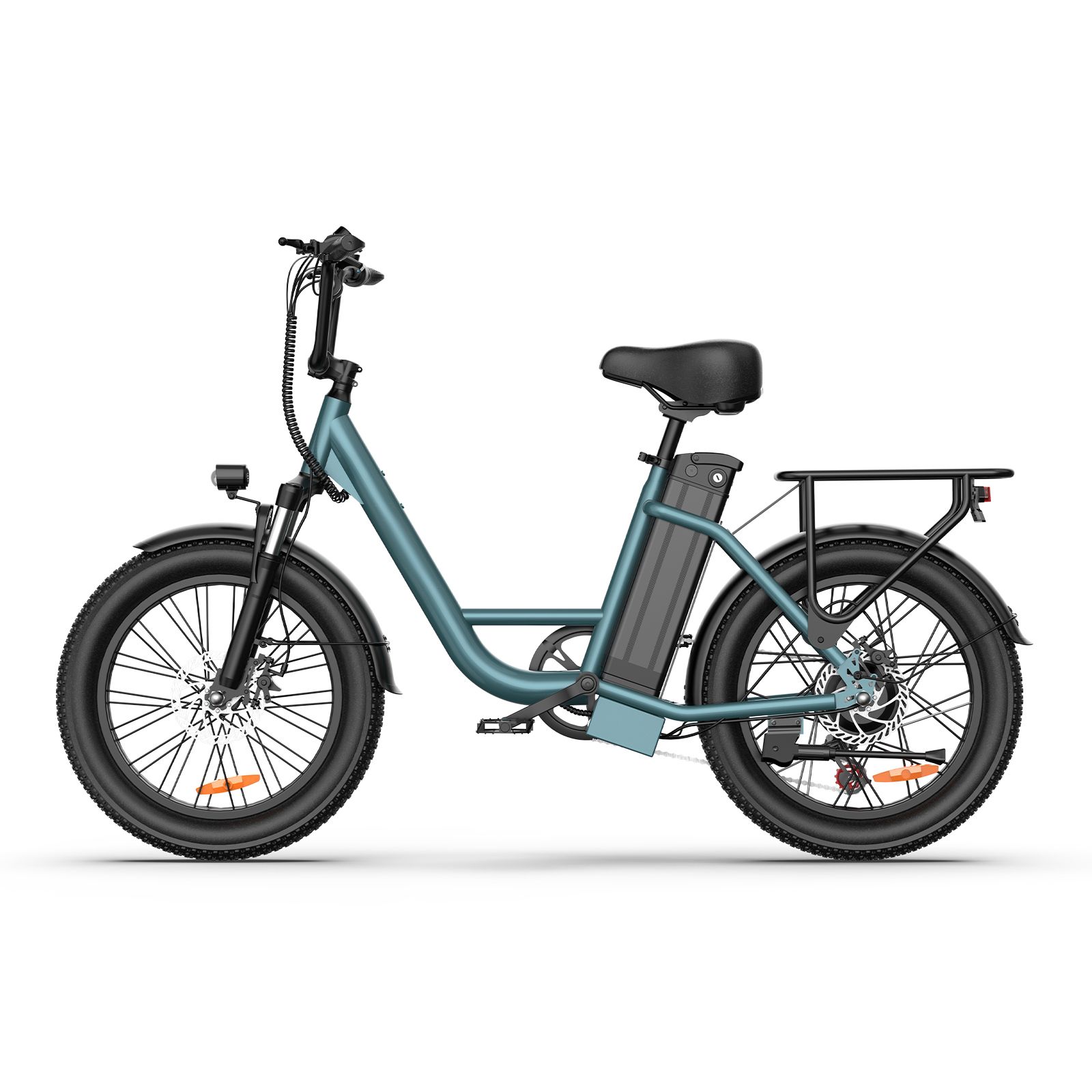 Bicicletta elettrica blu con sella, pneumatici e portapacchi neri. Batteria sul telaio. Freno anteriore.