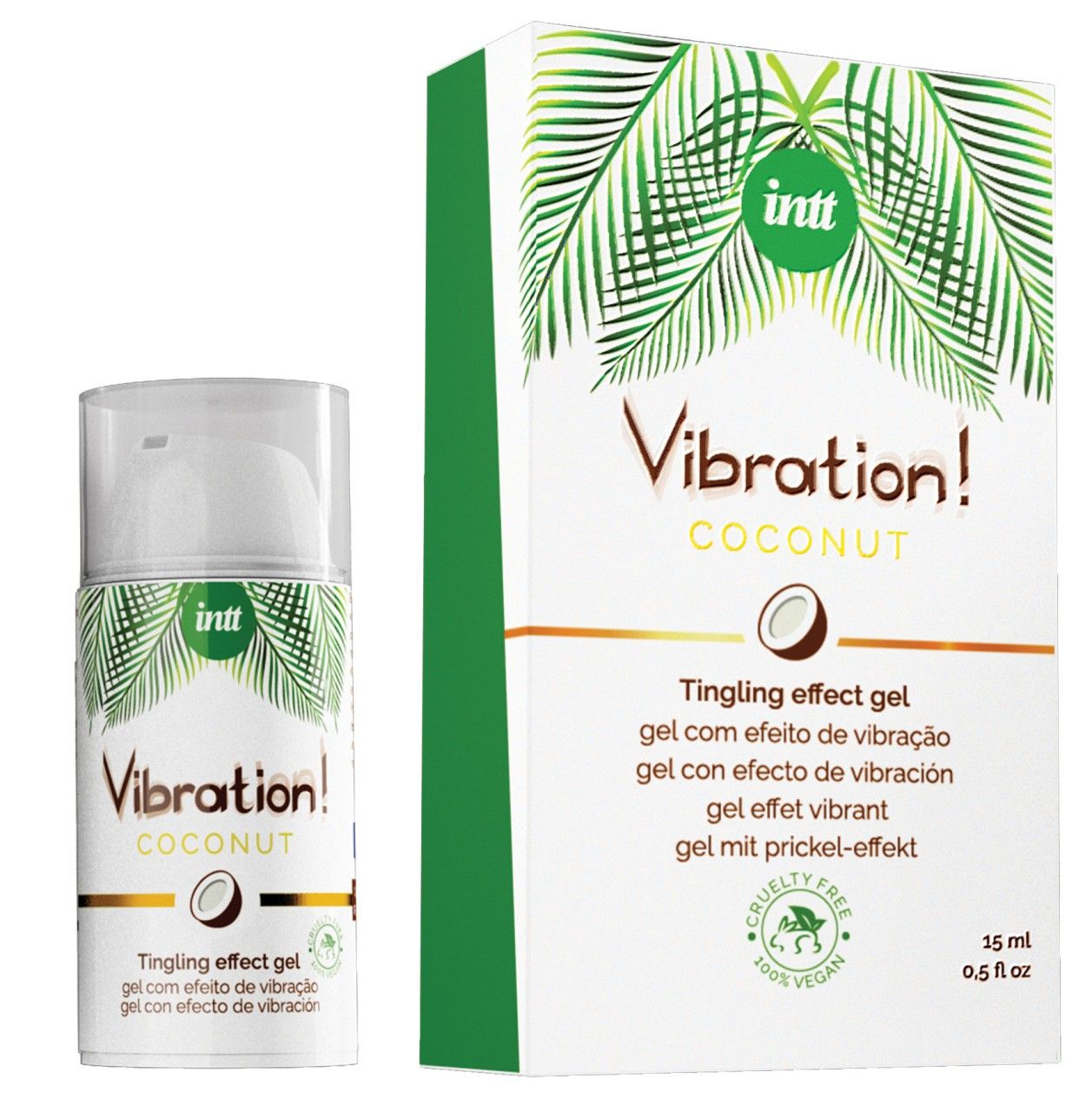 Dispenser INTT Vibration! Coconut Tingling Effect Gel con foglie di palma e simbolo di cocco.
