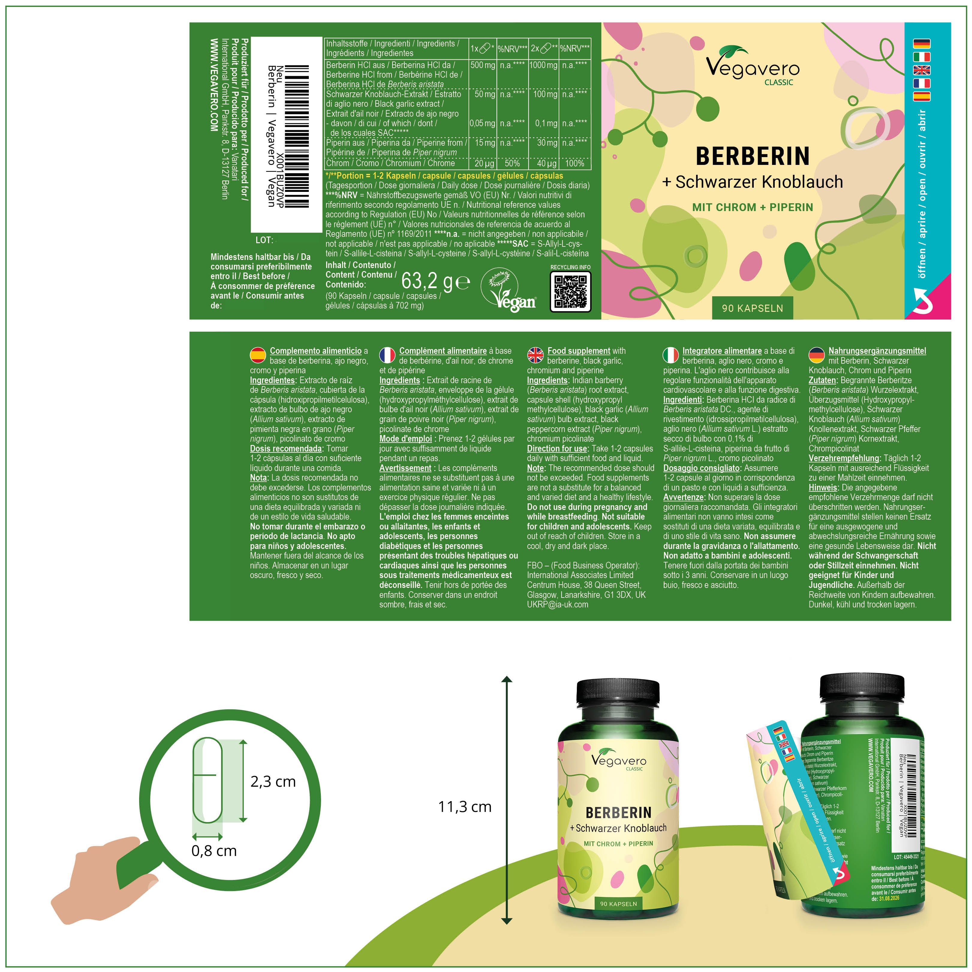 Etichetta del prodotto con ingredienti e informazioni nutrizionali. Flacone di capsule, 90 pezzi. Dimensioni. Vegano.