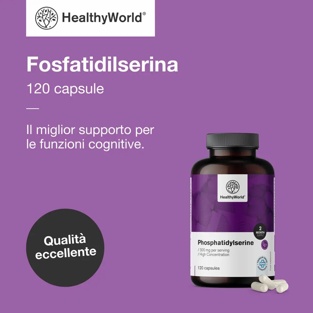 Donna con mal di testa, barattolo da 120 capsule di fosfatidilserina, logo, testo 'funzioni cognitive'.