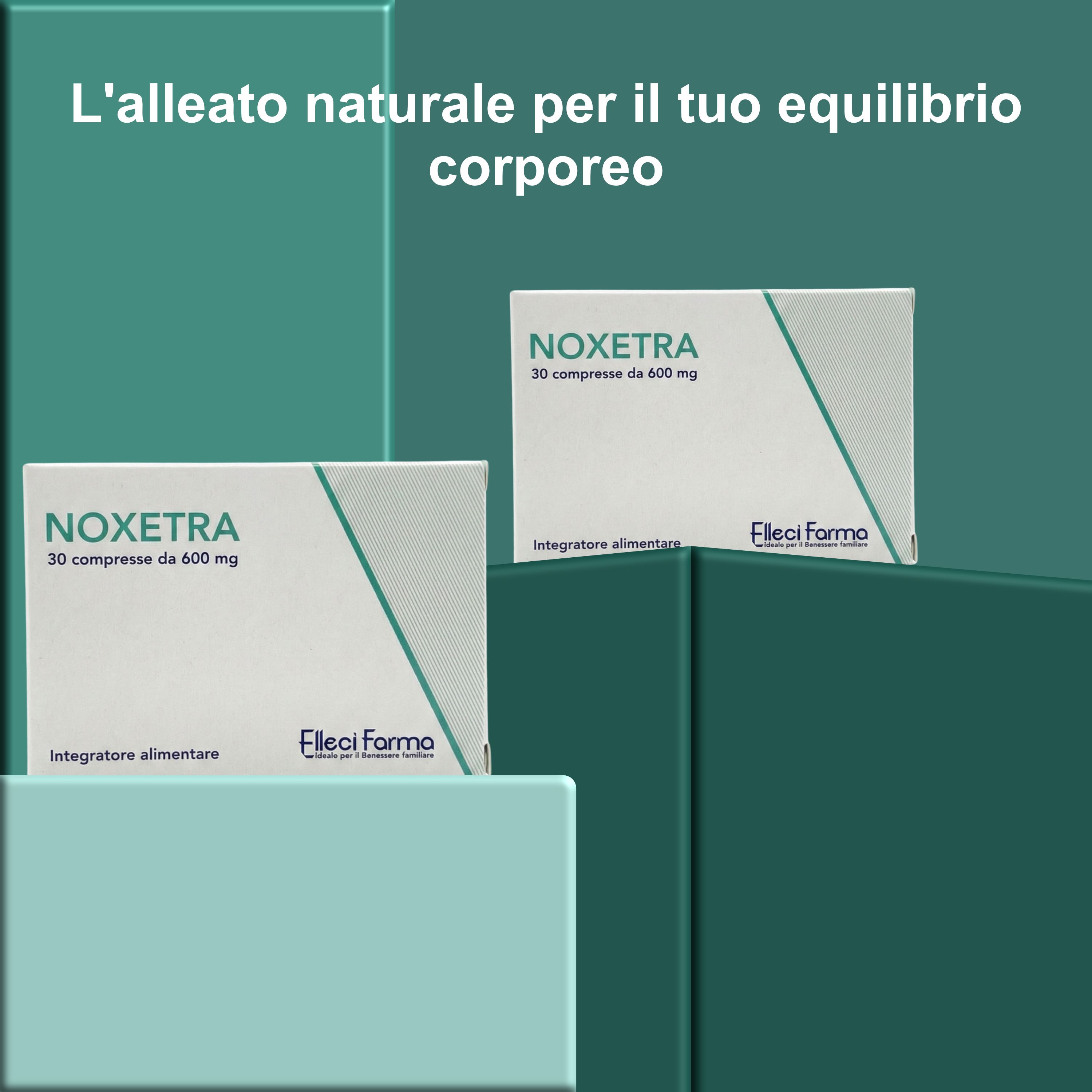 Due scatole NOXETRA, 30 compresse da 600 mg. Logo Elleci Farma. Sfondo verde-turchese.