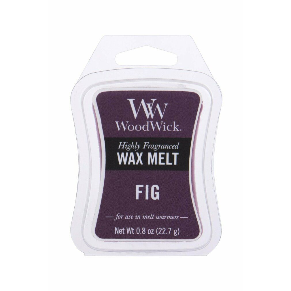 Cera profumata in confezione di plastica. Scritta: WoodWick, Highly Fragranced Wax Melt, FIG. Peso netto 0.8 oz (22.7 g).