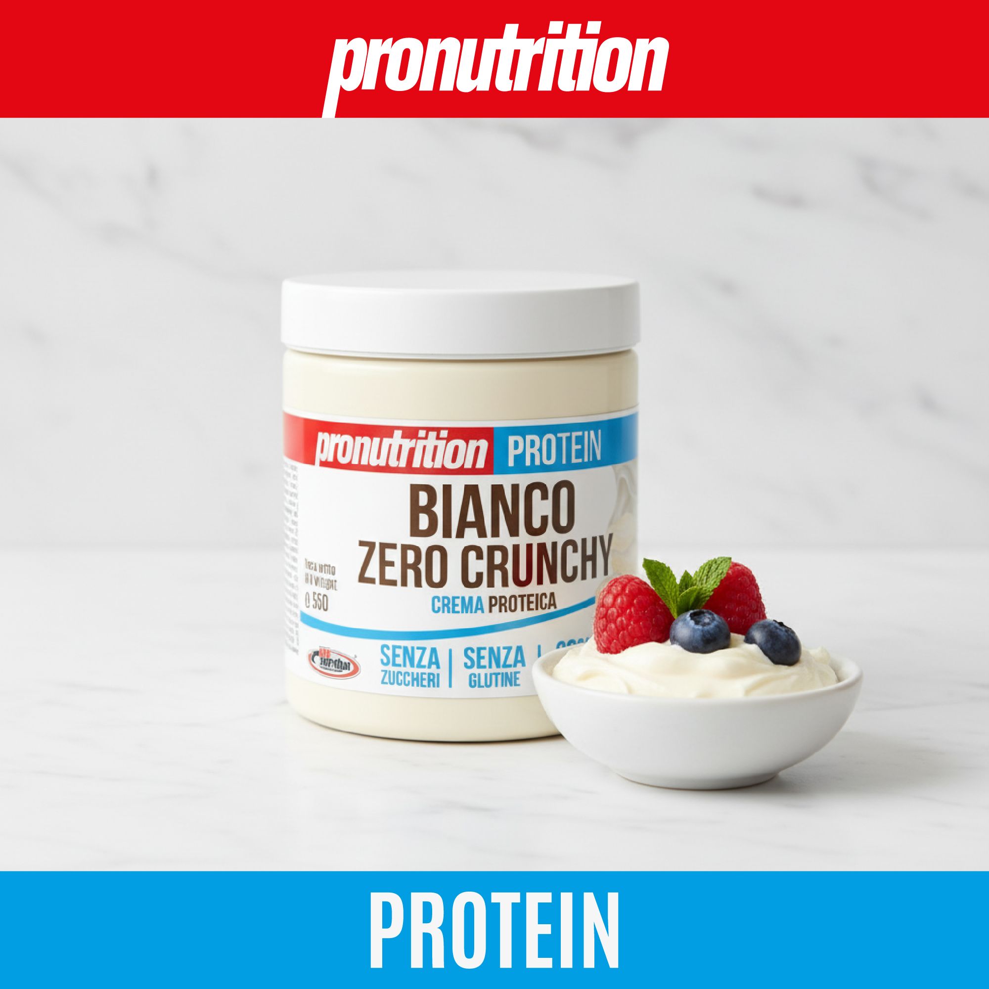Vaso di crema proteica Zero Crunchy beige con yogurt e frutti di bosco. Scritta: Pronutrition, Protein, Bianco Zero Crunchy. Senza zucchero, glutine.