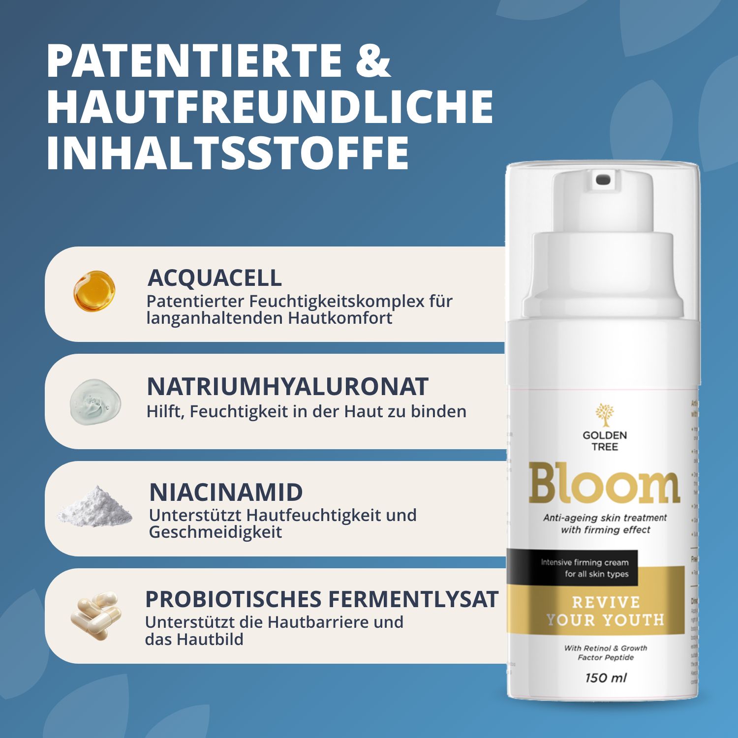 Crema anti-età Golden Tree Bloom in flacone dispenser bianco. A sinistra, un elenco di ingredienti e i loro effetti.