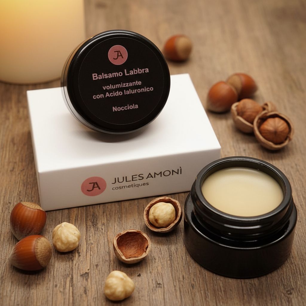 Vasetto nero Jules Amonì Balsamo Labbra aperto, scatola e nocciole. Scritta: Balsamo Labbra volumizzante con Acido Ialuronico Nocciola.