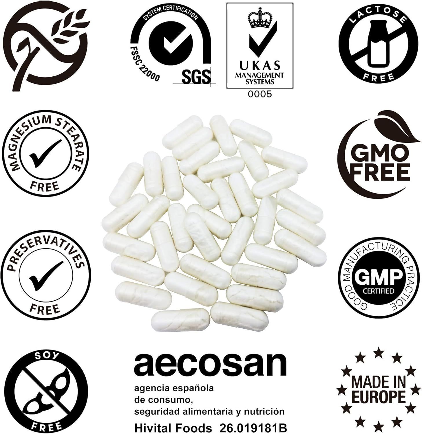 Mucchio di capsule bianche. Vari loghi e sigilli, tra cui GMO-Free, Made in Europe e certificato GMP.