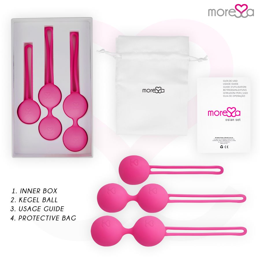 Set di prodotti con tre sfere rosa, sacchetto, manuale e scatola. Marchio "more❤sa".