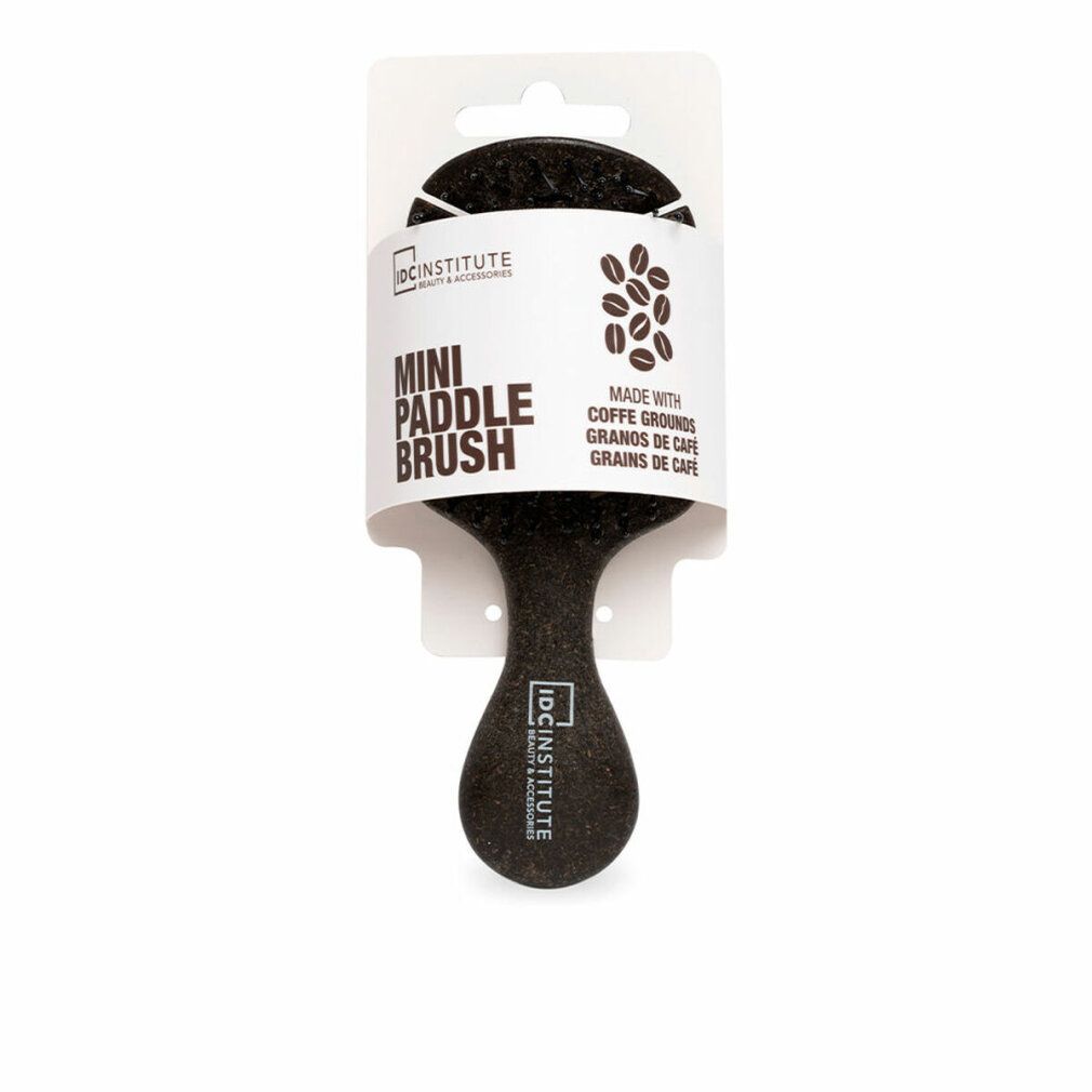 Mini spazzola paddle con fondi di caffè. Spazzola nera con manico. Confezione con nome e logo del prodotto.