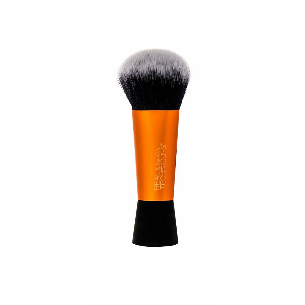 Mini Expert Face Brush. Manico arancione, base nera. Setole nere e grigie. Marchio Real Techniques.