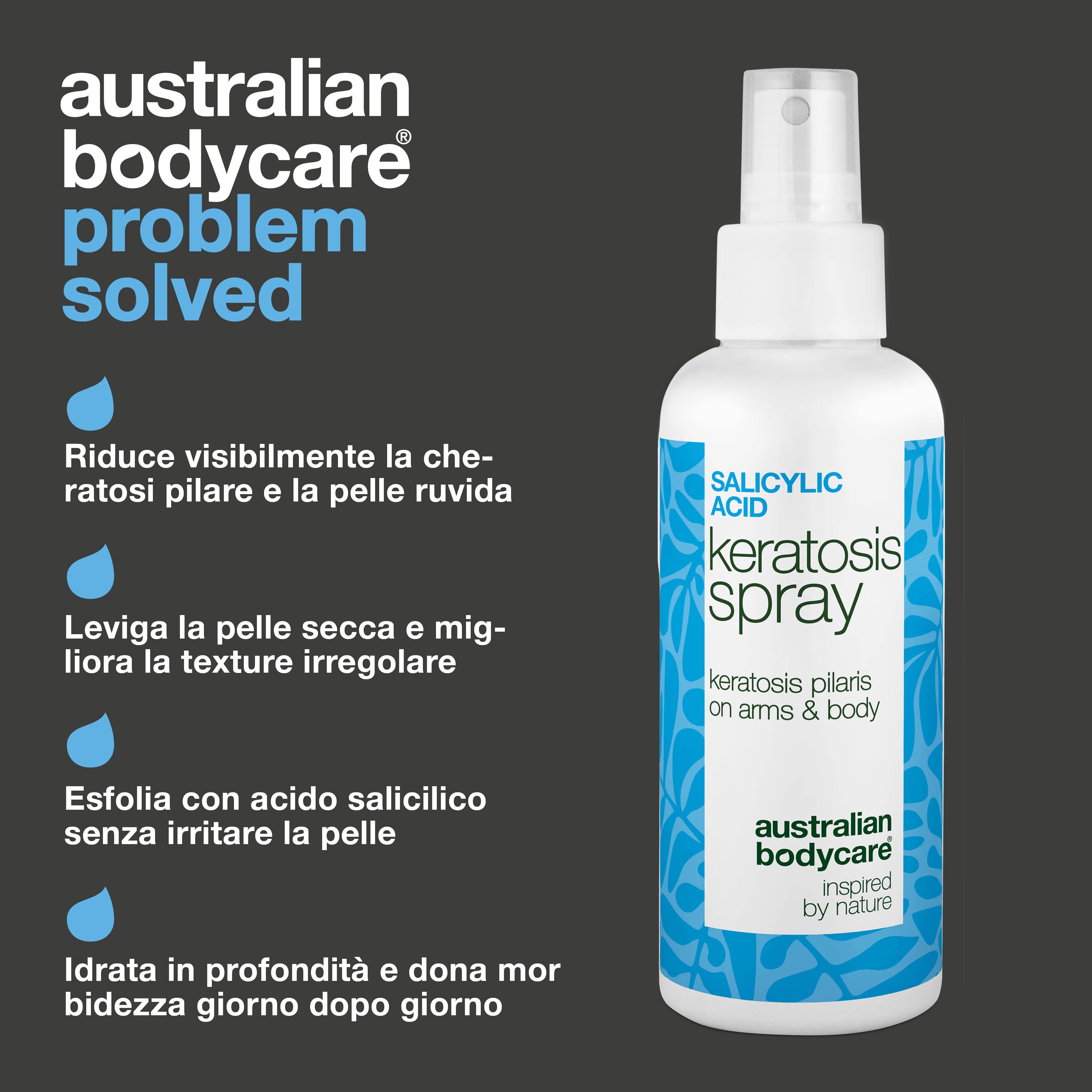 Spray: Keratosis Spray, Australian Bodycare. Testo: Problema risolto. Riduce la cheratosi pilare.