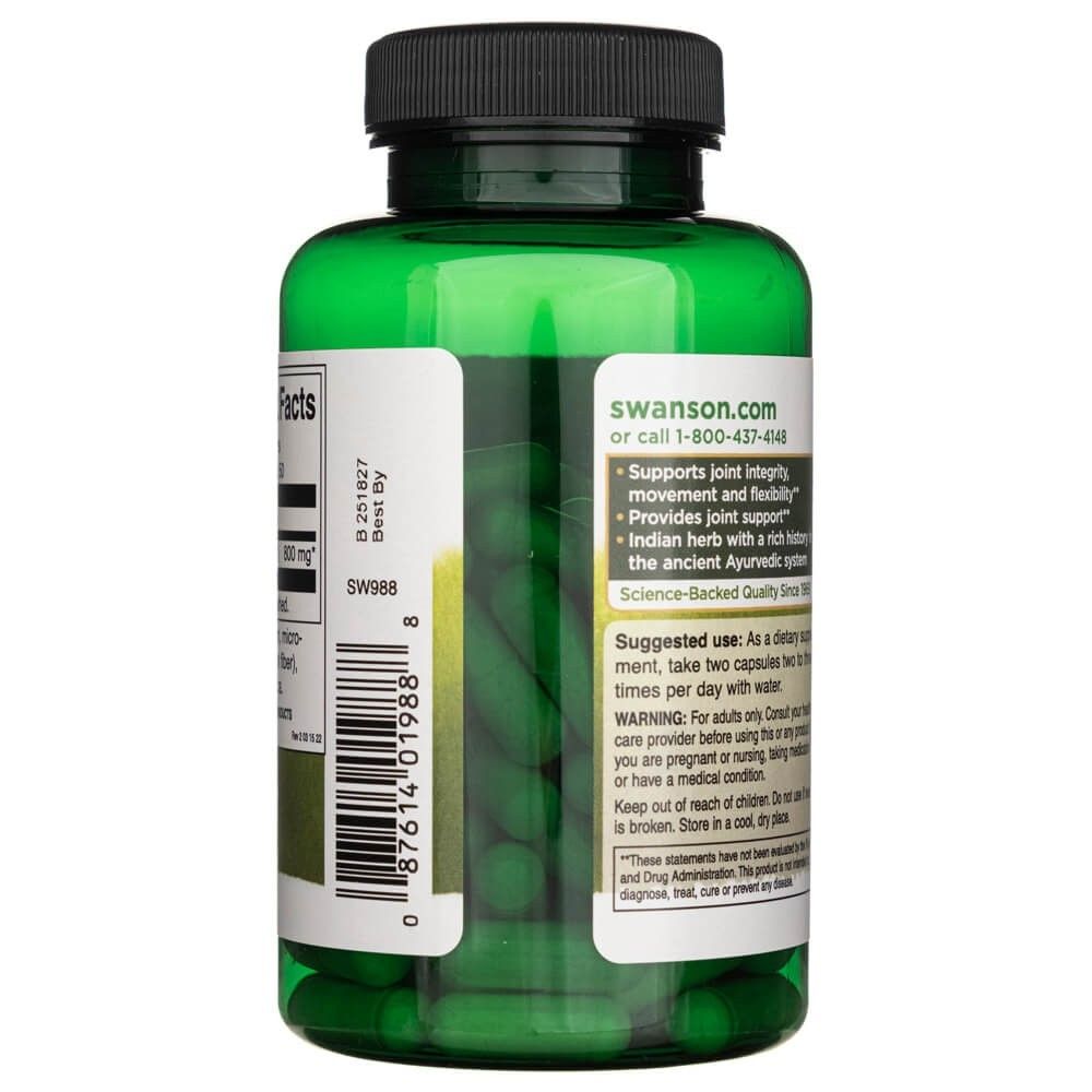 Retro di un flacone verde Swanson Boswellia Serrata, che mostra dosaggio e benefici.