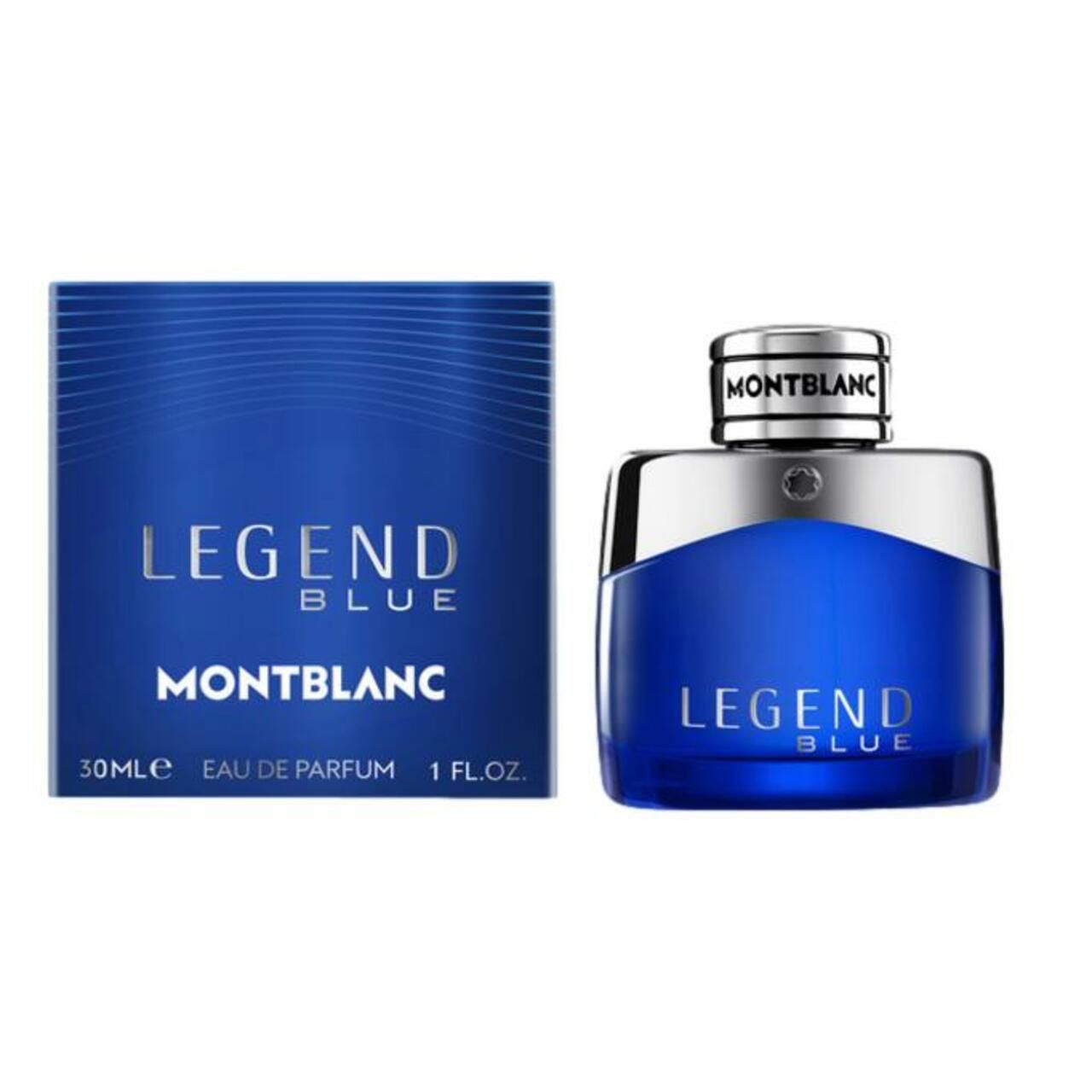 Flacone e scatola blu. Scritta LEGEND BLUE, MONTBLANC. 30ml Eau de Parfum. 1 Fl.oz.