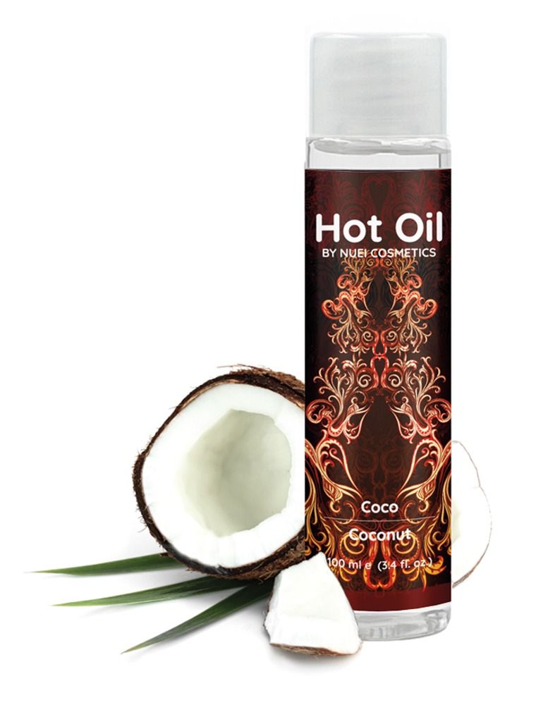 Flacone con tappo bianco, cocco e foglie. Scritta "Hot Oil" e "Coco Coconut".