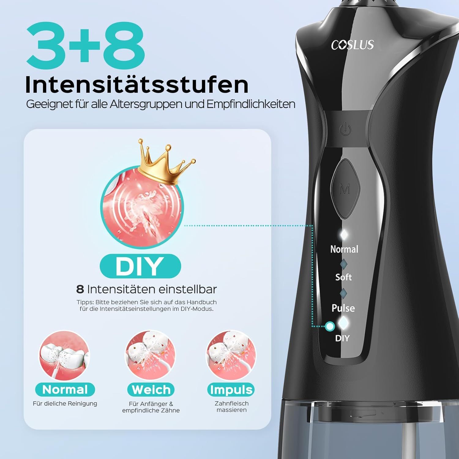 Idropulsore con livelli di intensità. Mostra il pannello di controllo con le modalità. Illustrazioni delle modalità di pulizia dei denti.