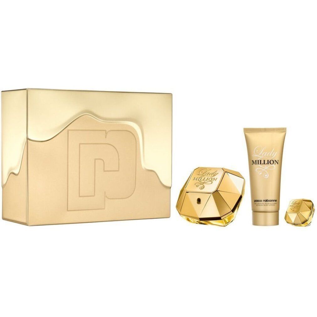 Cofanetto regalo dorato con profumo, lozione per il corpo e miniatura. Scritta: Lady Million, Paco Rabanne.