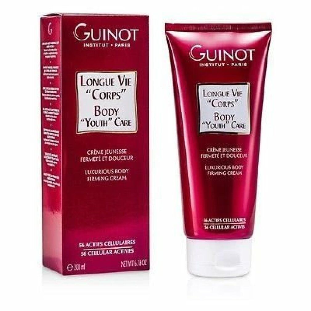 Confezione del prodotto: tubo e scatola. Scritta: Guinot, Longue Vie Corps, Body Youth Care. Colore rosso, testo bianco.