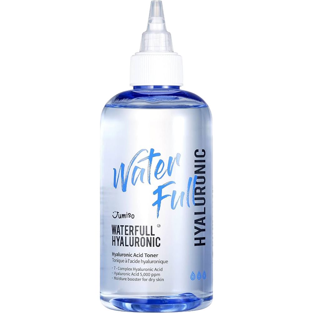 JUMISO Waterfull Hyaluronic Acid Toner. Bottiglia trasparente con tappo e scritta blu. Sfondo bianco.
