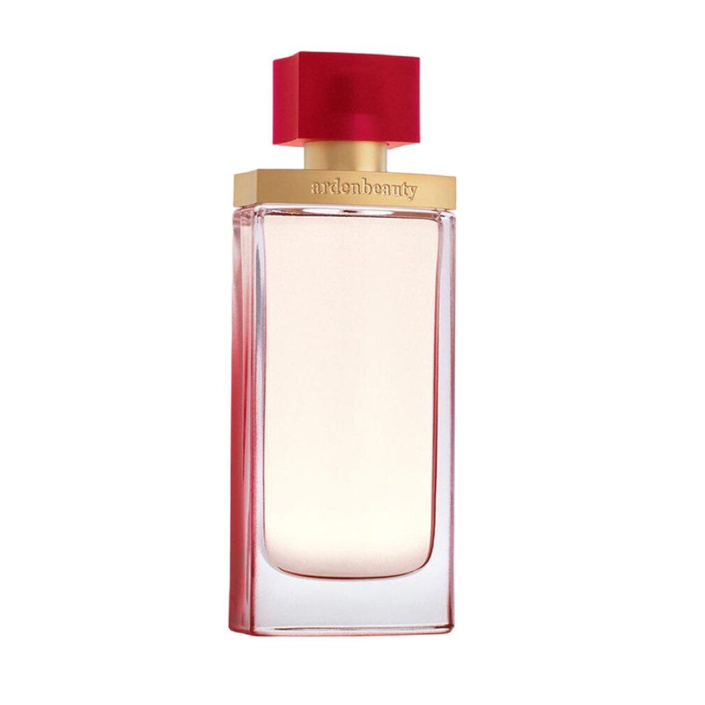 Flacone rettangolare con tappo rosso. Scritta dorata "ardenbeauty".