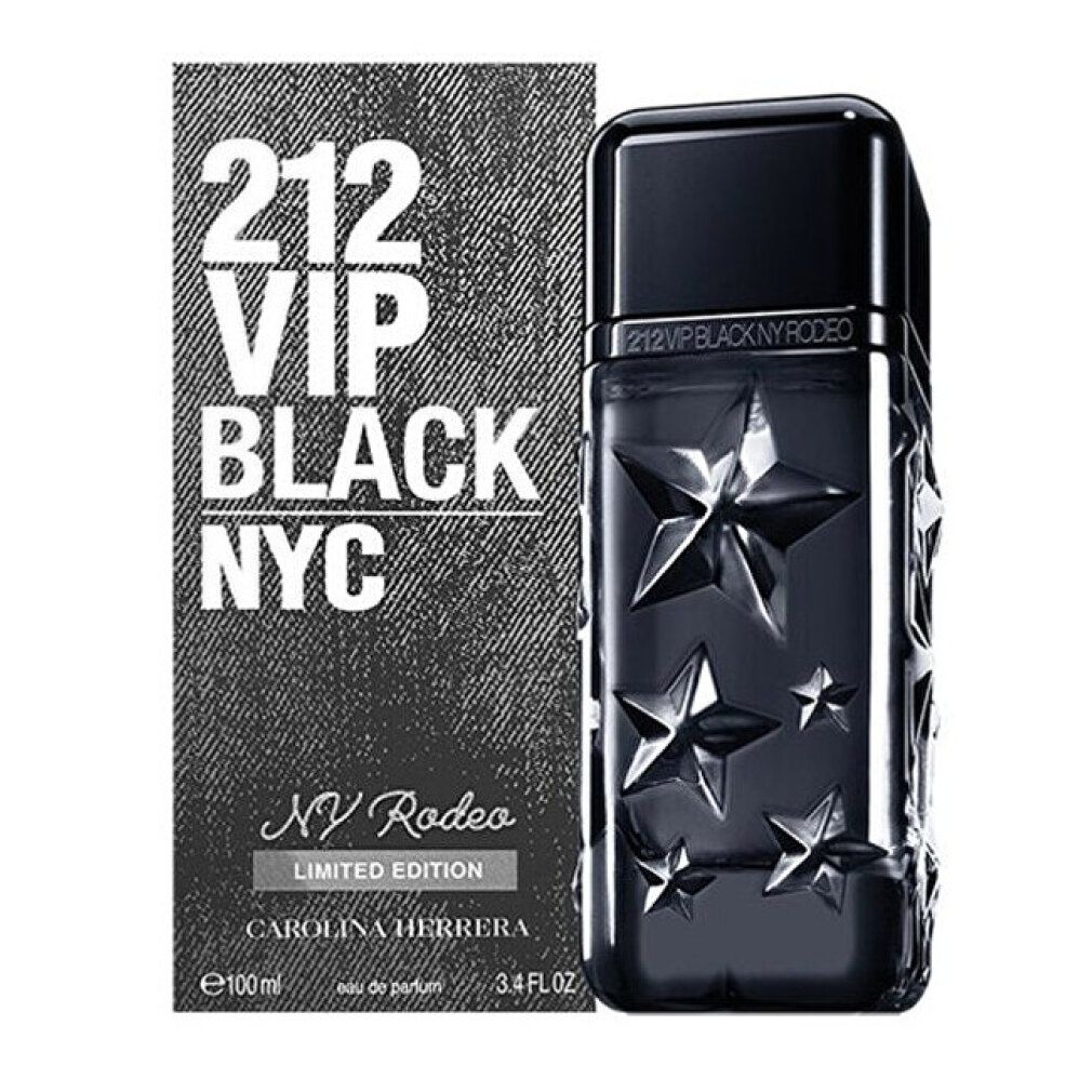 Flacone nero con motivo a stelle e scatola. Scritta: 212 VIP BLACK NYC NY Rodeo Limited Edition.