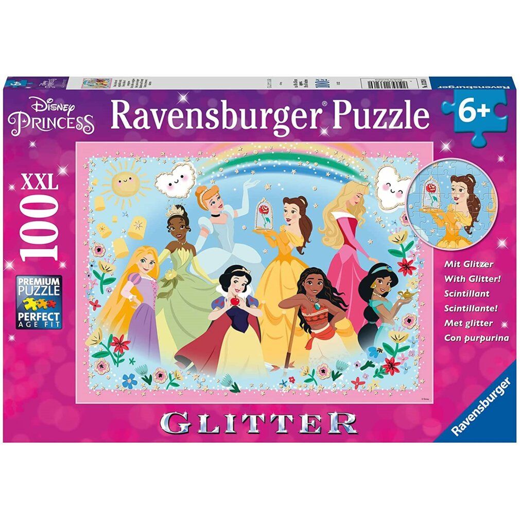 Scatola puzzle Disney Princesses. Contiene 100 pezzi. Con glitter. Logo Ravensburger.