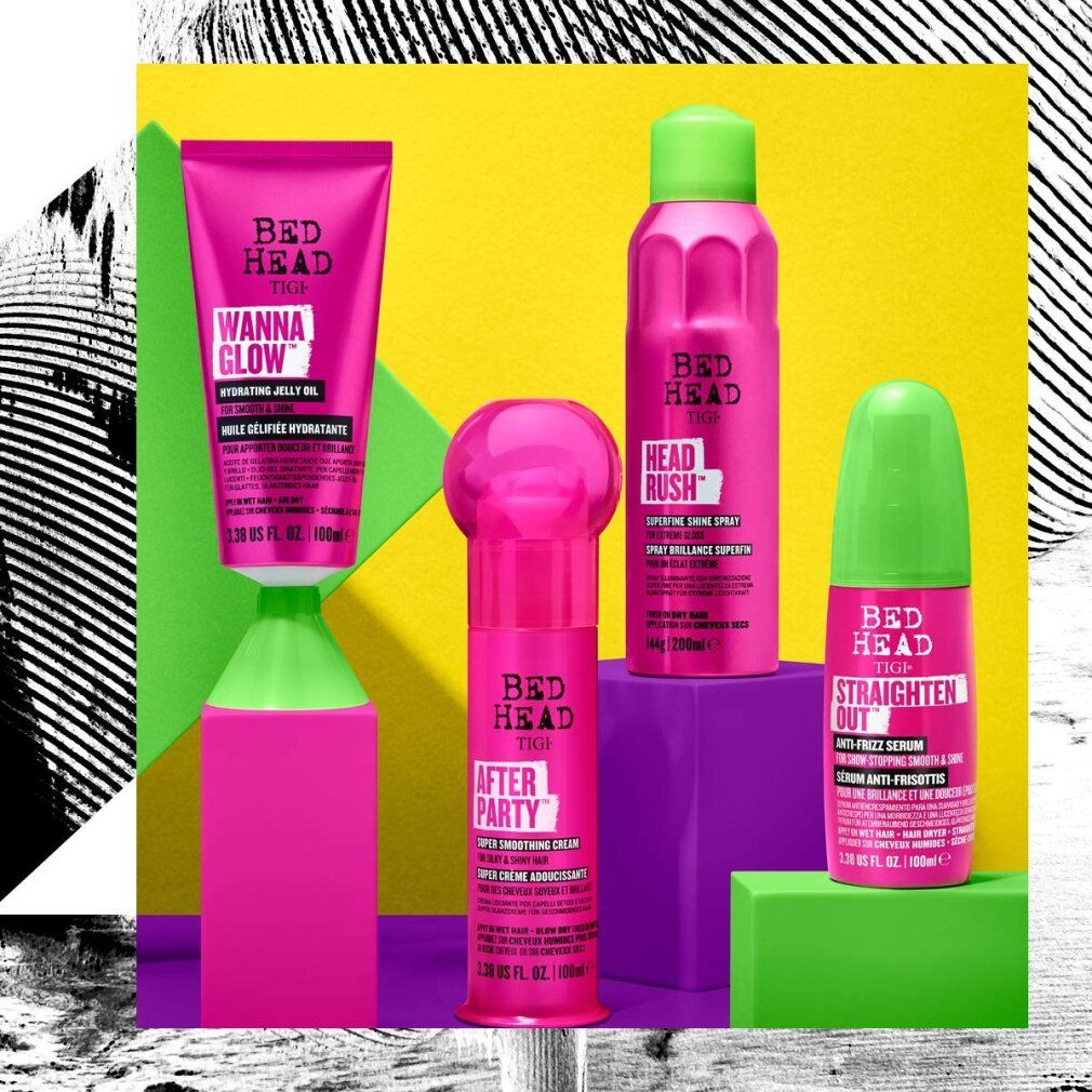 Diversi prodotti Bed Head. Confezioni rosa e verdi. Headrush Shine Spray, Wanna Glow, After Party, Straighten Out.