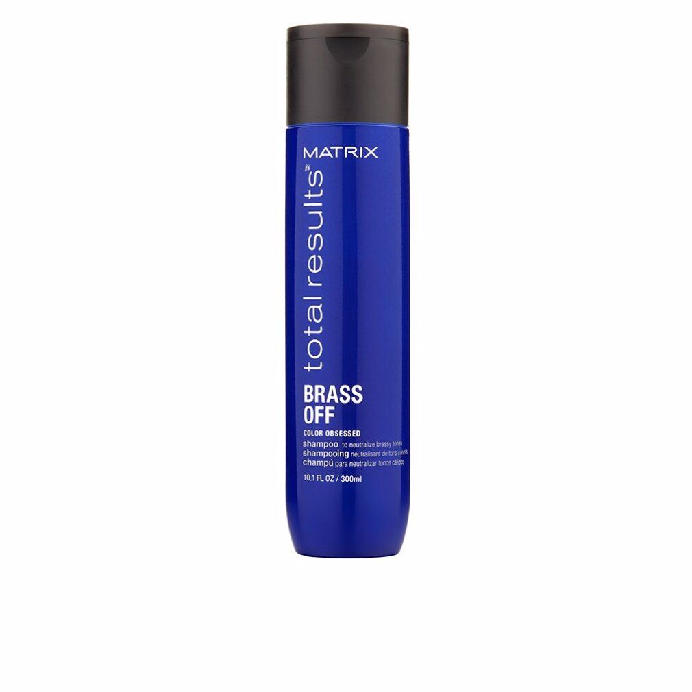 Flacone di shampoo blu con tappo nero. Scritta: MATRIX total results BRASS OFF. 300ml.