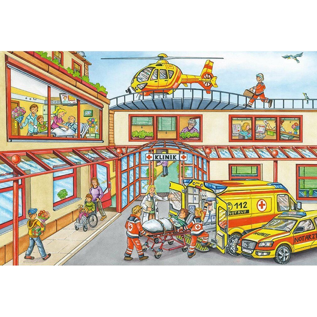 Motivo del puzzle: scena ospedaliera con ambulanza, elicottero e personale. I pazienti vengono curati. Marca: Schmidt Spiele. 24 pezzi.