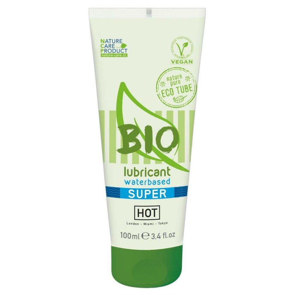 Tubo di lubrificante BIO, verde e bianco. Scritta BIO, SUPER, HOT. Certificazione Vegan.