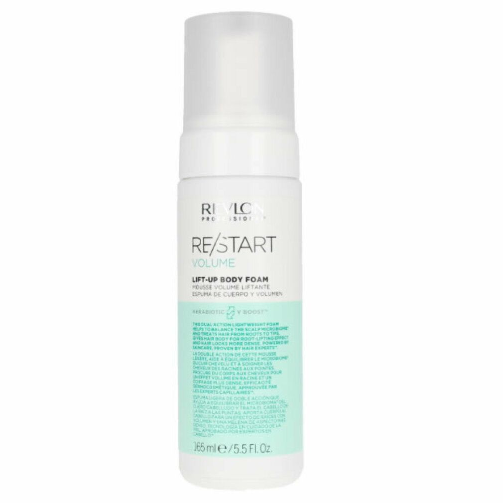 Prodotto bianco con erogatore spray. Scritta: RE/START VOLUME, LIFT-UP BODY FOAM. 165 ml/5.5 Fl.Oz.