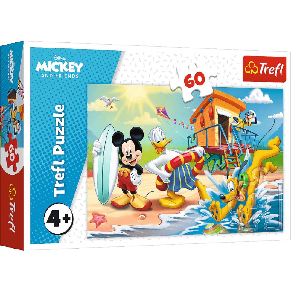 Puzzle Trefl Topolino e Amici da 60 pezzi per bambini dai 4 anni con Topolino, Paperino e Pluto in spiaggia.