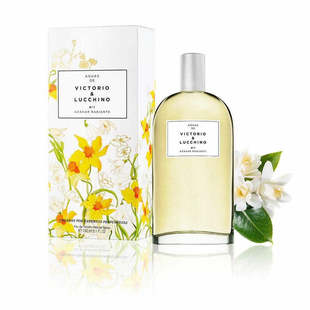 Flacone e scatola con design floreale. L'etichetta riporta "Aguas de Victorio & Lucchino N1 Azahar Radiante".
