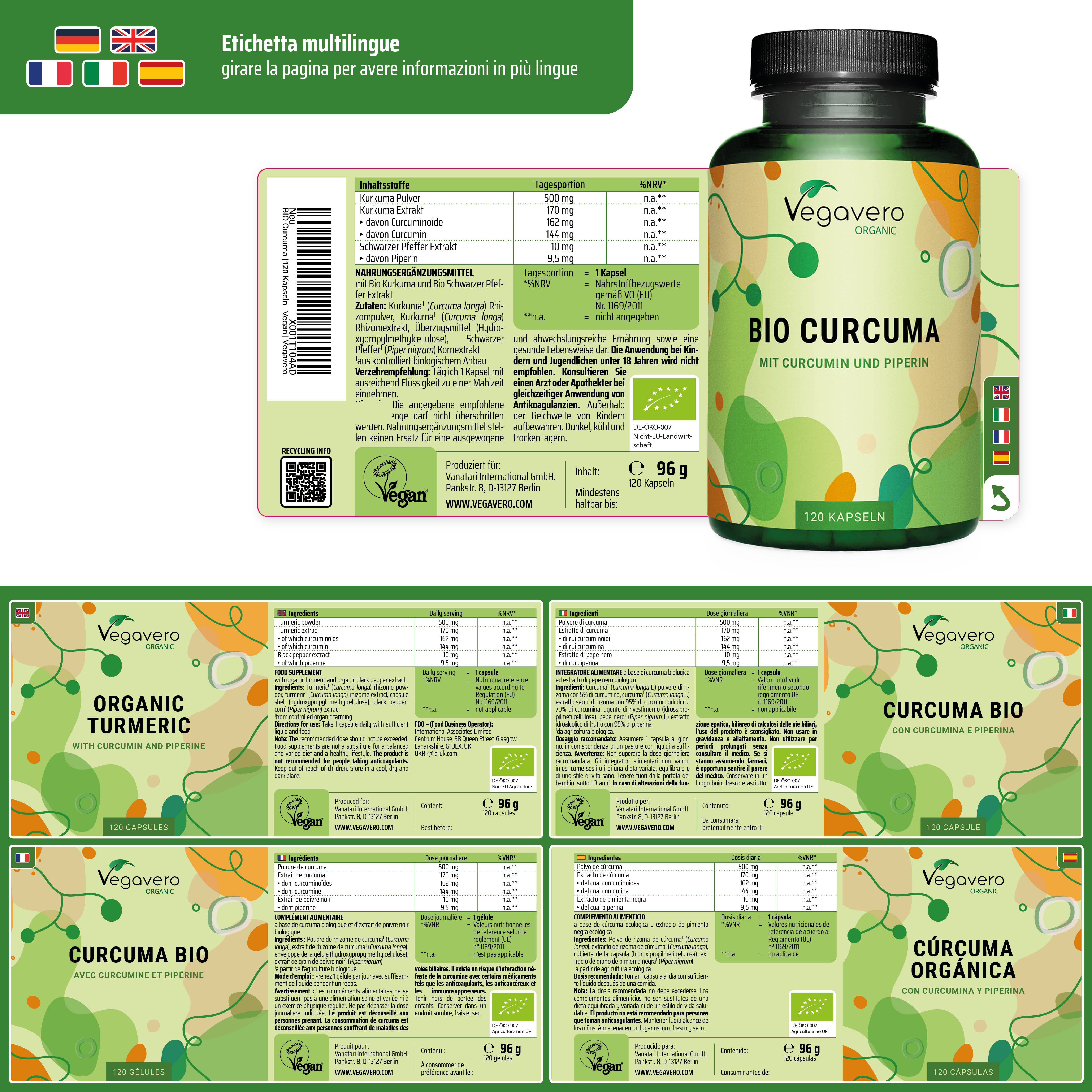 Etichetta multilingue con informazioni in più lingue. Flacone di Bio Curcuma. Sigillo vegano.