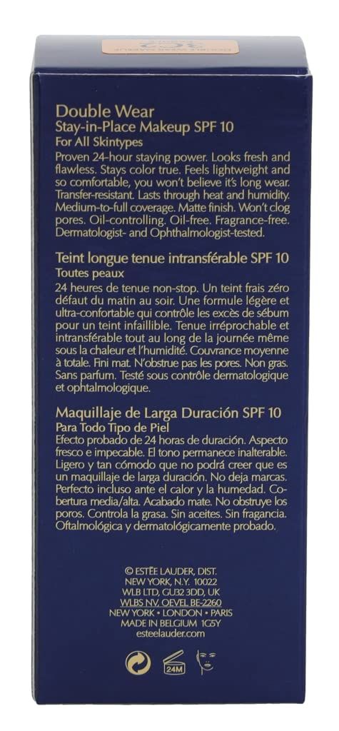 Retro della scatola blu. Testo: Double Wear SPF 10, per tutti i tipi di pelle. Descrizione in 3 lingue.