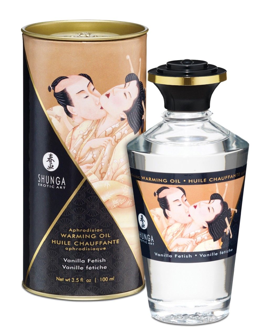 Flacone e lattina di olio riscaldante Shunga con motivo vaniglia.