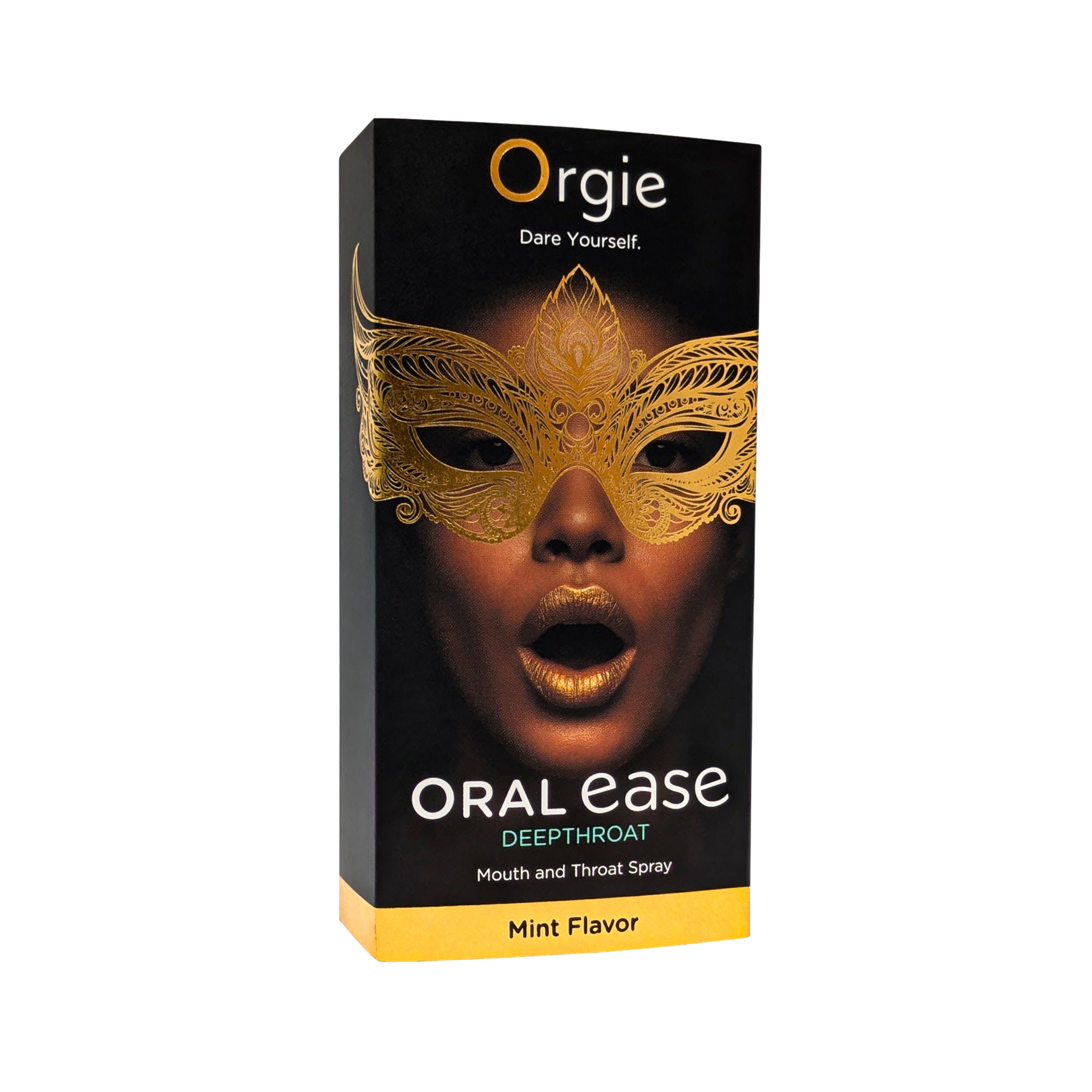 Confezione nera con maschera dorata e nome del prodotto. Scritta: ORAL ease Deepthroat, Mint Flavor.