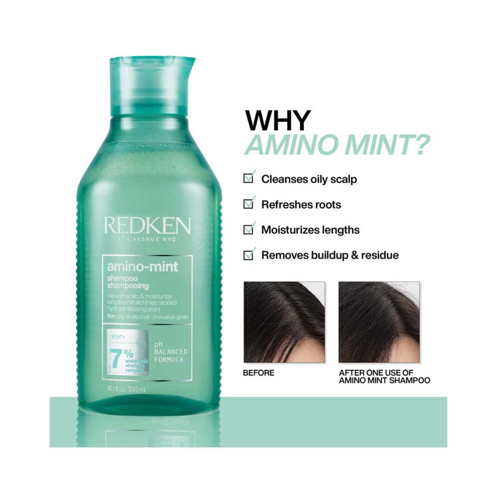 Flacone di shampoo Redken Amino Mint verde. Testo: Pulisce il cuoio capelluto grasso, rinfresca le radici, idrata, rimuove l'accumulo.