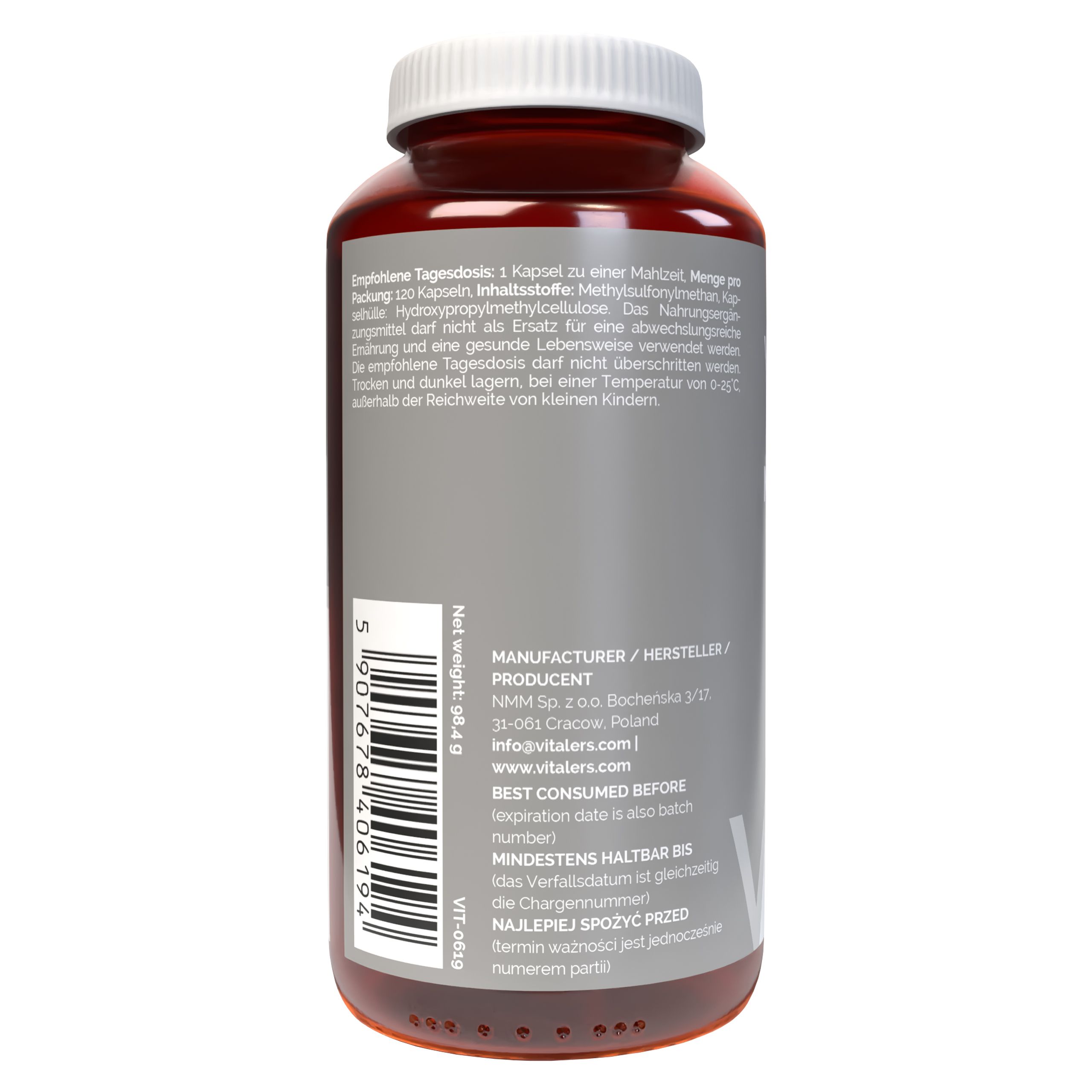 Retro di un flacone di capsule Vitaler's MSM con etichetta, codice a barre e dettagli del produttore.