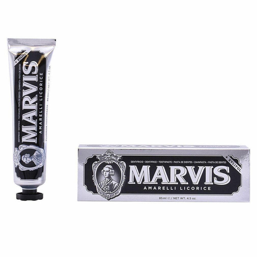 Tubo e scatola di dentifricio. Tubo e scatola affiancati. MARVIS AMARELLI LIQUORICE. Tubo argento, testo nero.
