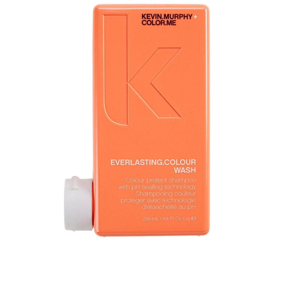 Flacone arancione con tappo bianco. Testo: KEVIN.MURPHY + COLOR.ME, EVERLASTING.COLOUR WASH. Shampoo protettivo del colore con tecnologia pH.