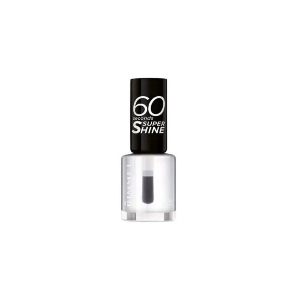 Flacone di smalto trasparente con tappo nero. Scritta: 60 seconds SUPER SHINE, Rimmel London, 740 Clear.