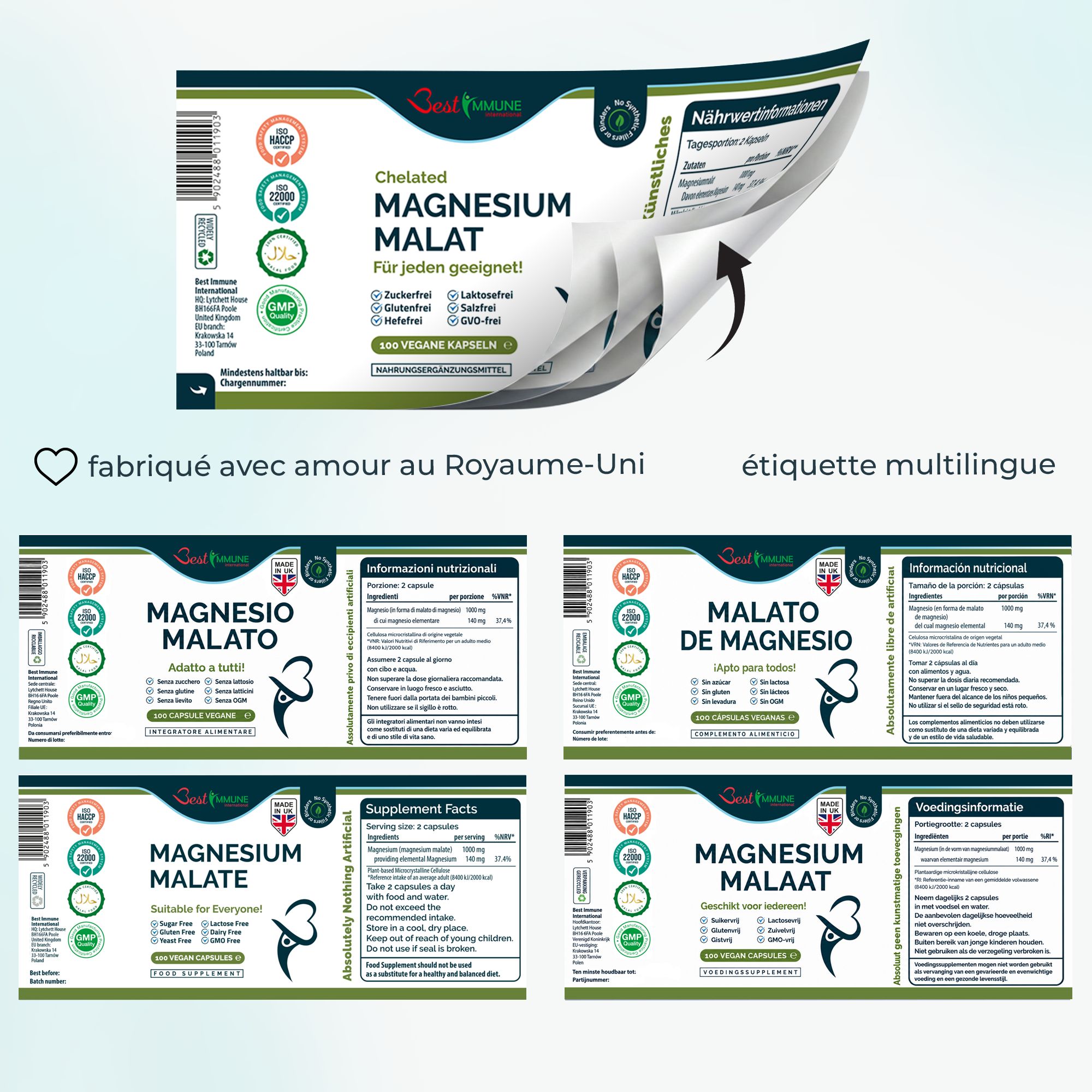 Etichette multilingue di flaconi di magnesio malato, made in UK, con varie informazioni.