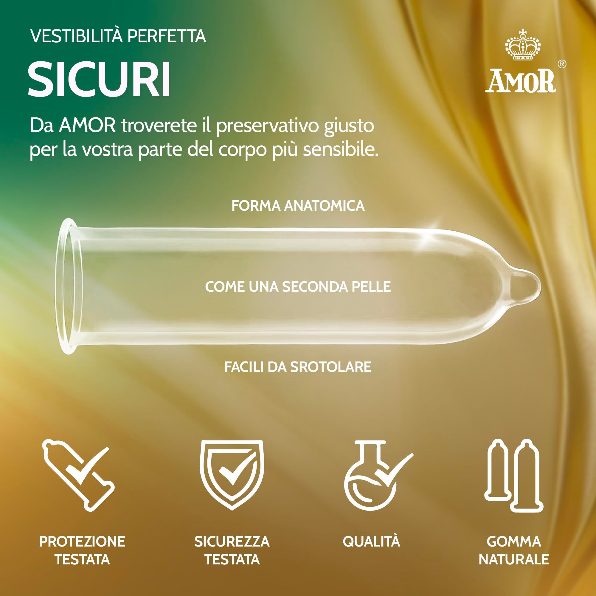 Preservativo Amor: forma anatomica, naturale, trasparente, in gomma naturale.