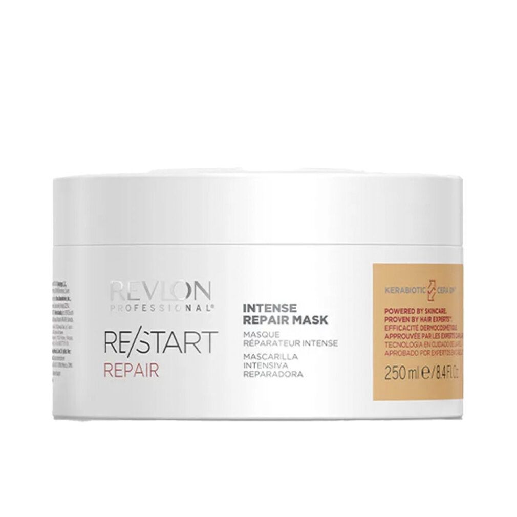 Barattolo bianco con testo Revlon Professional, Re/Start Repair, Intense Repair Mask. Etichetta arancione con testo. Contenuto 250 ml.