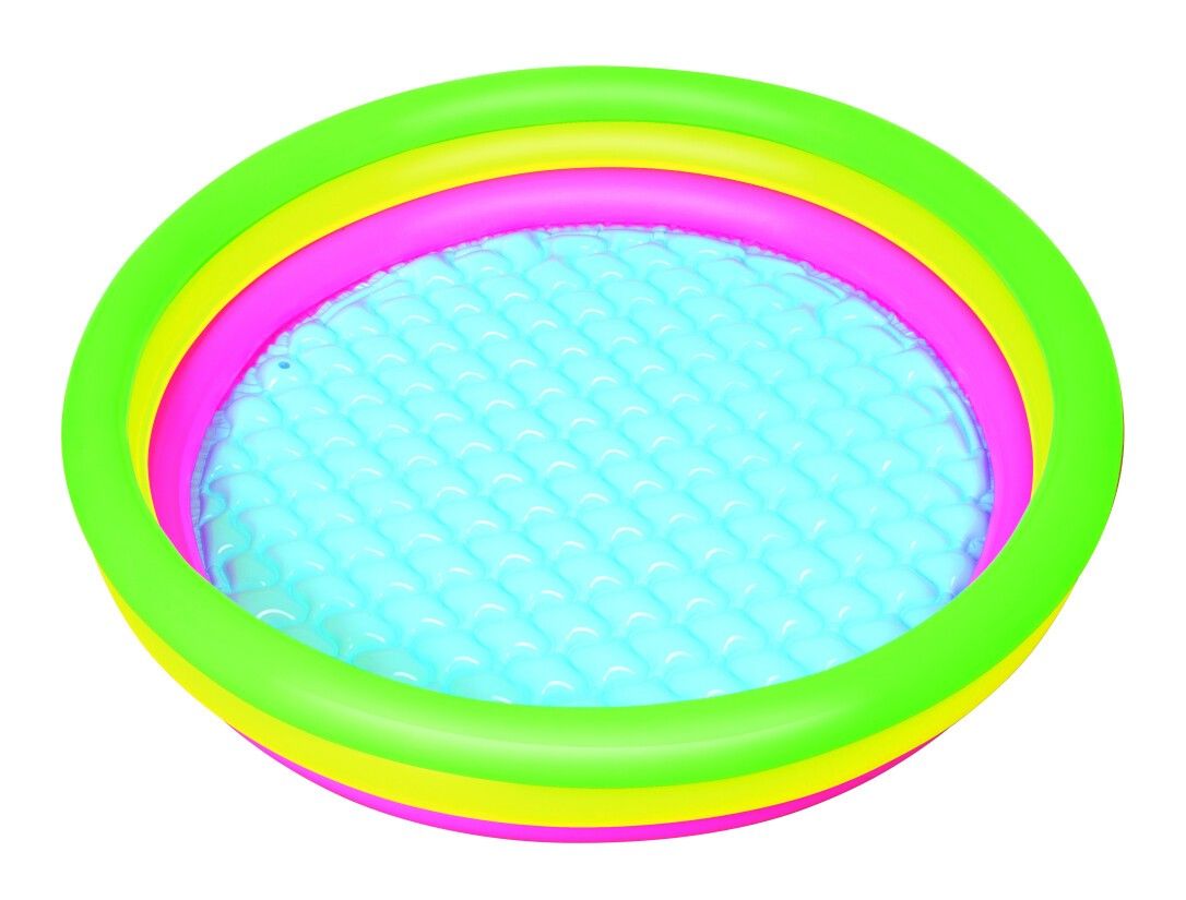 Piscina rotonda gonfiabile con tre anelli colorati: verde, giallo e rosa. Il fondo è blu e strutturato.