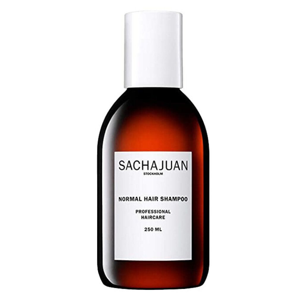 Flacone di shampoo marrone con tappo bianco. Scritta: SACHAJUAN STOCKHOLM, NORMAL HAIR SHAMPOO, PROFESSIONAL HAIRCARE, 250 ML.