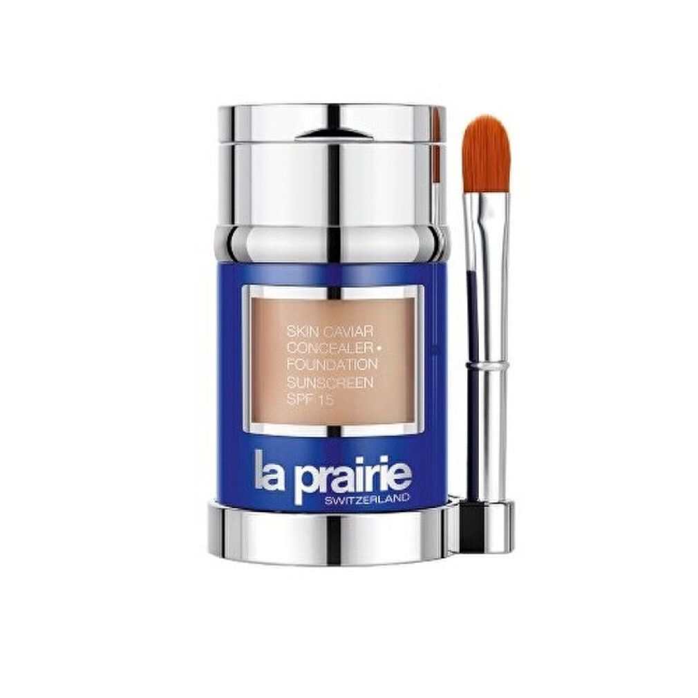La Prairie Skin Caviar Foundation, Sunset Beige. Contenitore blu, tappo argento, pennello. Informazioni sul prodotto sul contenitore.
