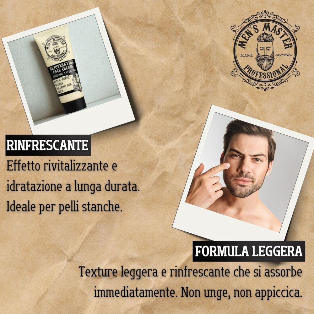 Due foto. Tubo di crema e uomo. Testo: Rinfrescante, formula leggera. Rivitalizzante, idratante, assorbimento rapido.