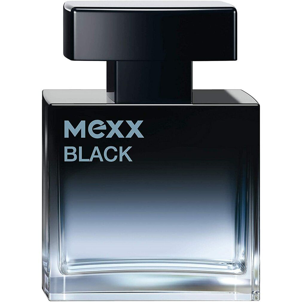 Flacone nero di Mexx Black Eau de Toilette. Forma quadrata con tappo nero. Testo azzurro chiaro. Sfumatura da nero a trasparente.